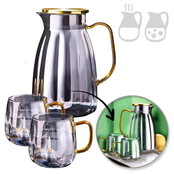 Set Carafa cu Maner si Capac 1600ml + 2 Pahare 350ml Sticla Borosilicat Rezistenta la Zgarieturi si Temperaturi Ridicate Bauturi Calde si Reci Dimensiuni Carafa 20, 5x12cm Capac 9cm Pahare 9x7, 5cm Ambalaj Cadou Elegant