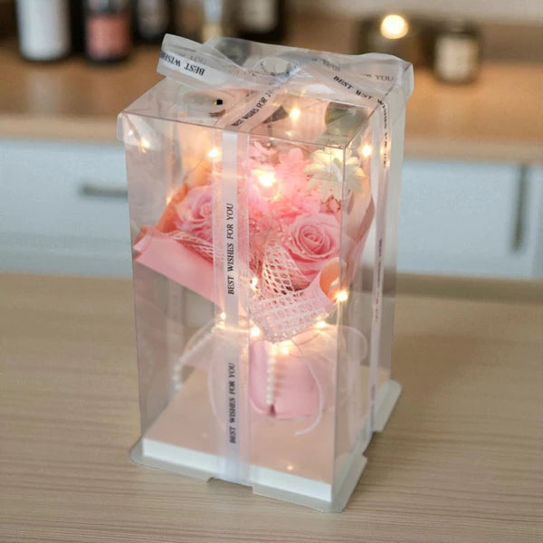 Buchet de flori din sapun parfumate lumina LED in 3 moduri cutie decorativa eleganta 28x18x10cm auto-asamblare Cadou romantic pentru femei, mame, bunici sau pentru orice ocazie