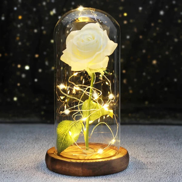 Trandafir Etern in cupola de sticla cu lumini LED  , Decor pentru Camera, Atmosfera Calda, Durabil, Elegant, Baza Lemn, Perfect pentru Mama, Ambalat Premium, Rose of Love