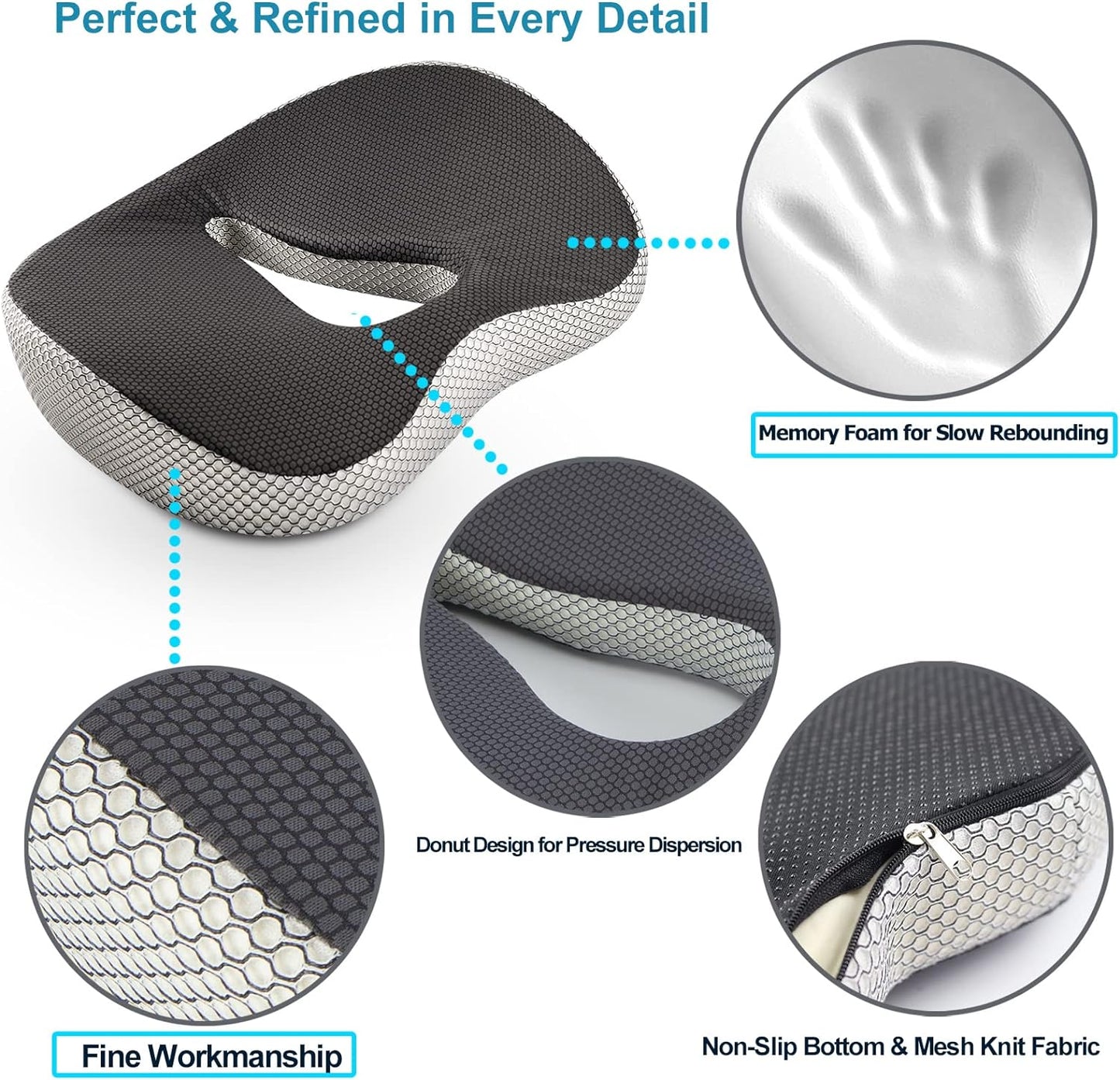 Perna cu suport ortopedic Coccis cu spuma din memorie, husa detasabila si lavabila, Gri