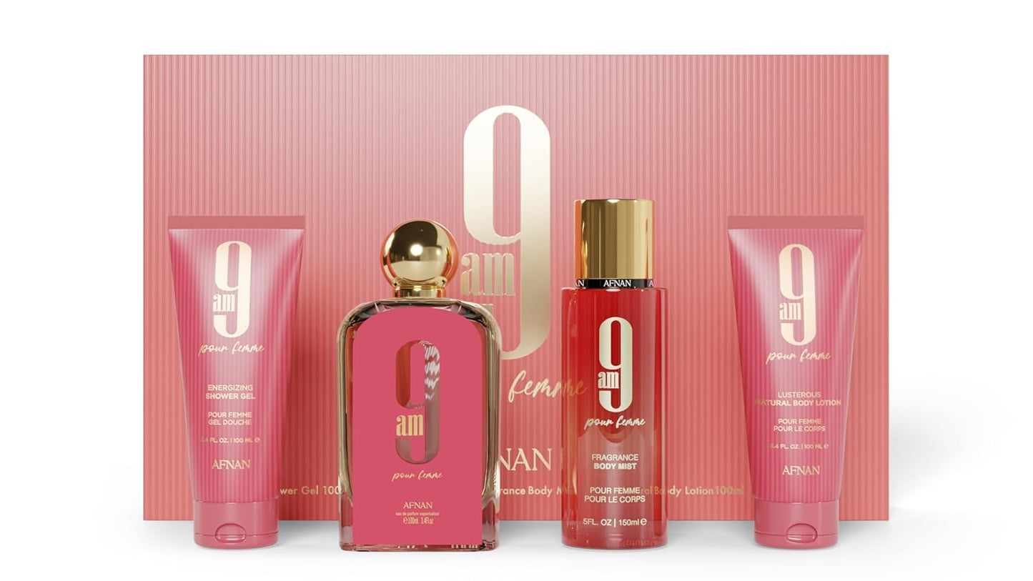 Afnan 9 AM Pour Femme Set Cadou Lux 4 Piese, Eau de Parfum 100ml, Gel de Dus 100ml, Body Mist 150ml, Lotiune de Corp 100ml