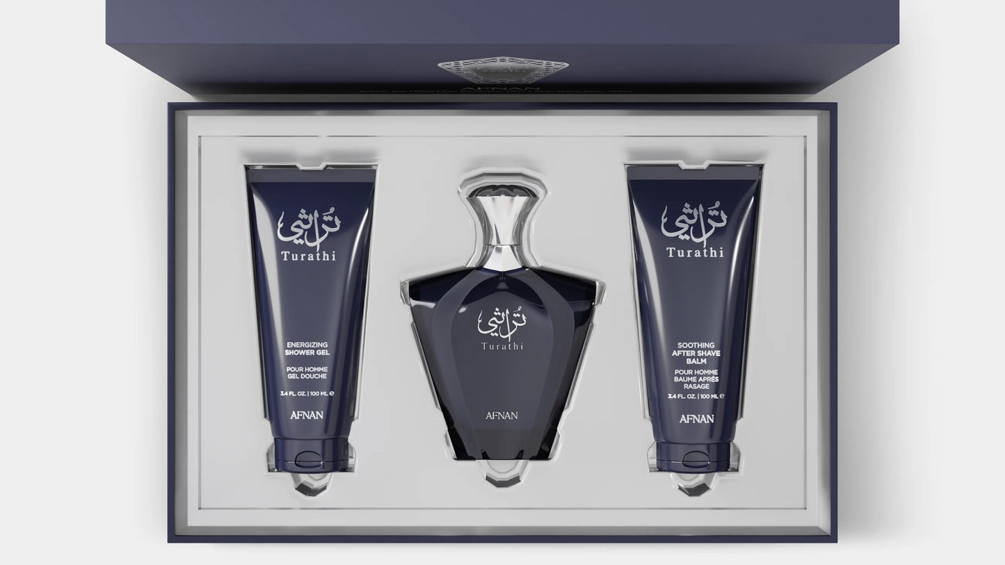 Lattafa Turathi Blue Premium Set Cadou pentru Barbati – Apa de Parfum 90ml + Gel de dus 100ml + After Shave 100ml