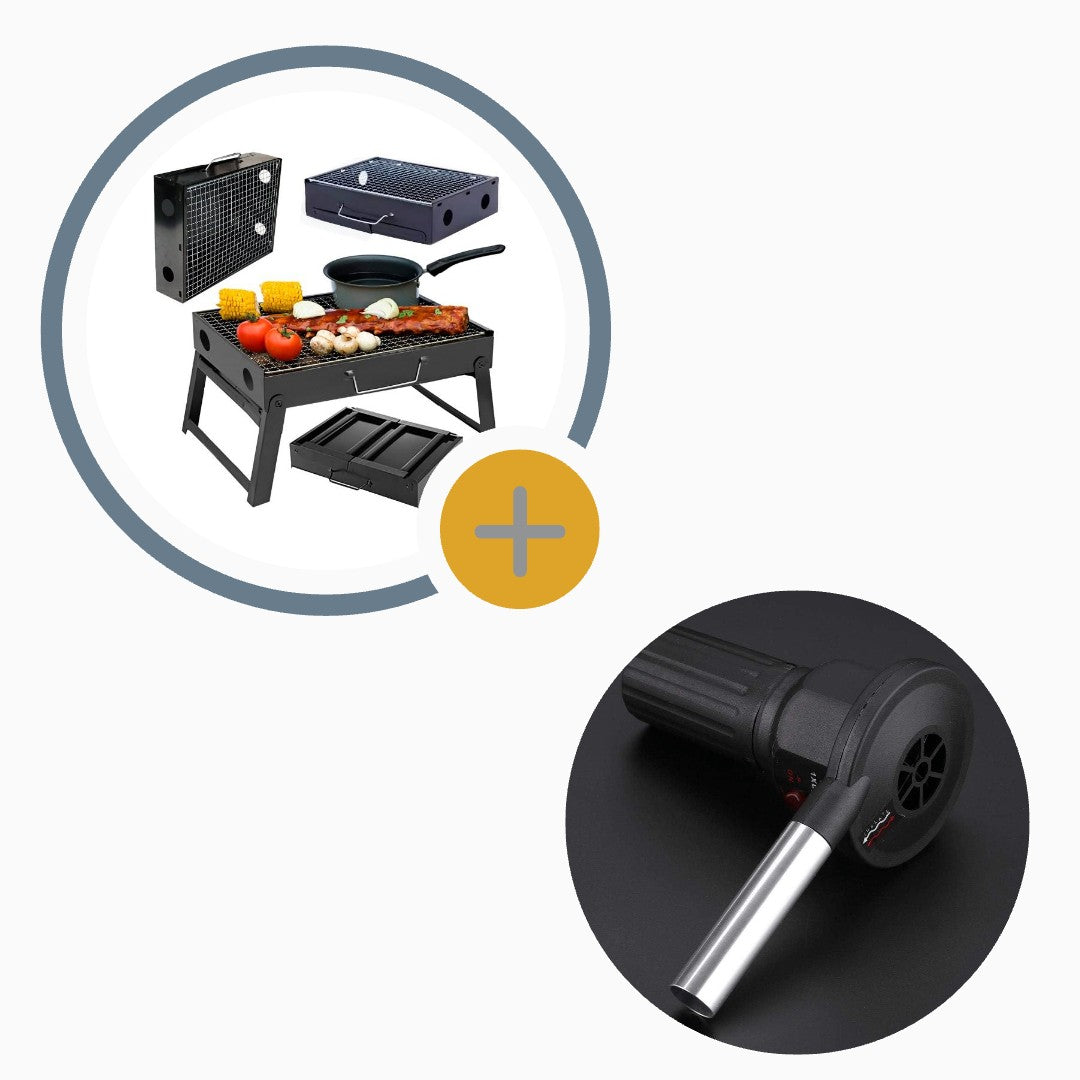 Set Gratar Portabil Tip Valiza + Suflanta Electrica pentru Aprindere, Ideal pentru Camping BBQ, Pliabil 35x27x23 cm