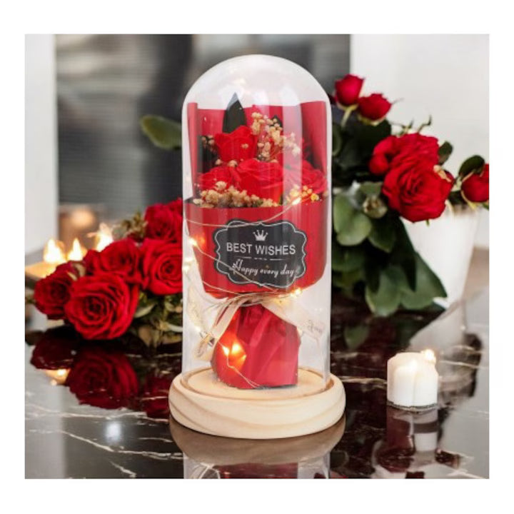 Trandafir Etern in cupola de sticla cu lumini LED  , Decor pentru Camera, Atmosfera Calda, Durabil, Elegant, Baza Lemn, Perfect pentru Mama, Ambalat Premium, Rose of Love