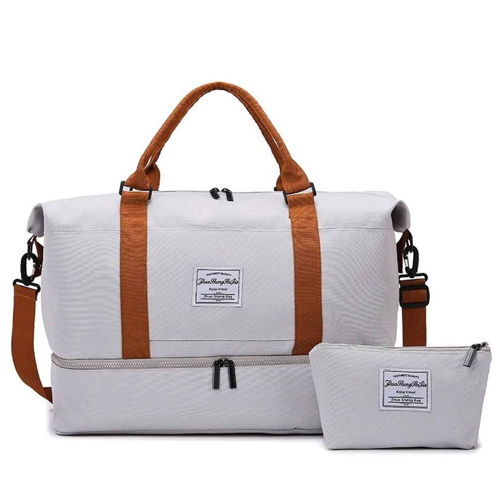 Geanta de voiaj pentru femei, impermeabila, cu 2 compartimente + gentuta cosmetice, 45L, Gri