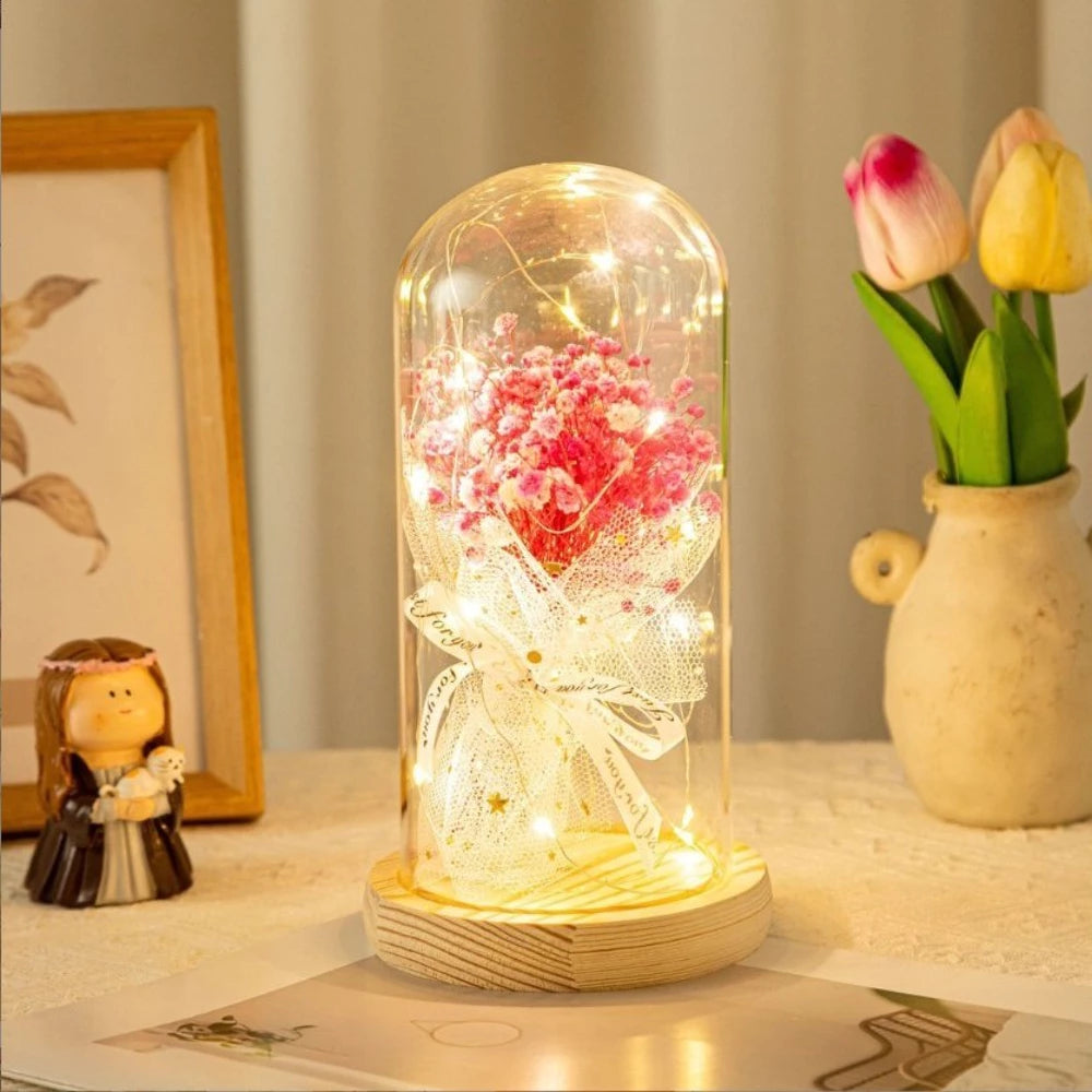 Trandafir Etern in cupola de sticla cu lumini LED  , Decor pentru Camera, Atmosfera Calda, Durabil, Elegant, Baza Lemn, Perfect pentru Mama, Ambalat Premium, Rose of Love