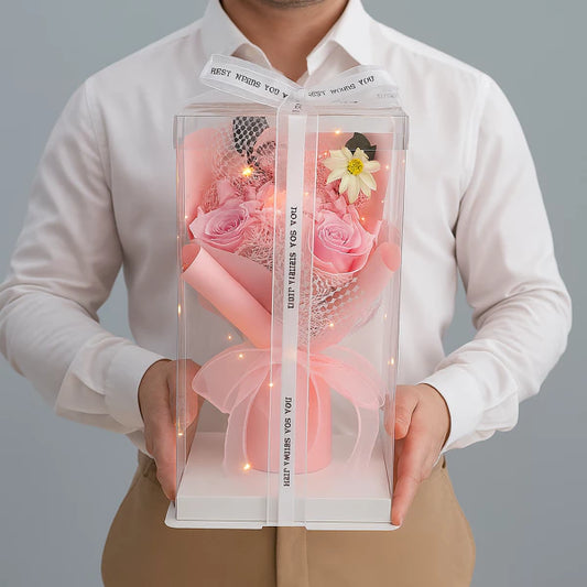 Buchet de flori din sapun parfumate lumina LED in 3 moduri cutie decorativa eleganta 28x18x10cm auto-asamblare Cadou romantic pentru femei, mame, bunici sau pentru orice ocazie