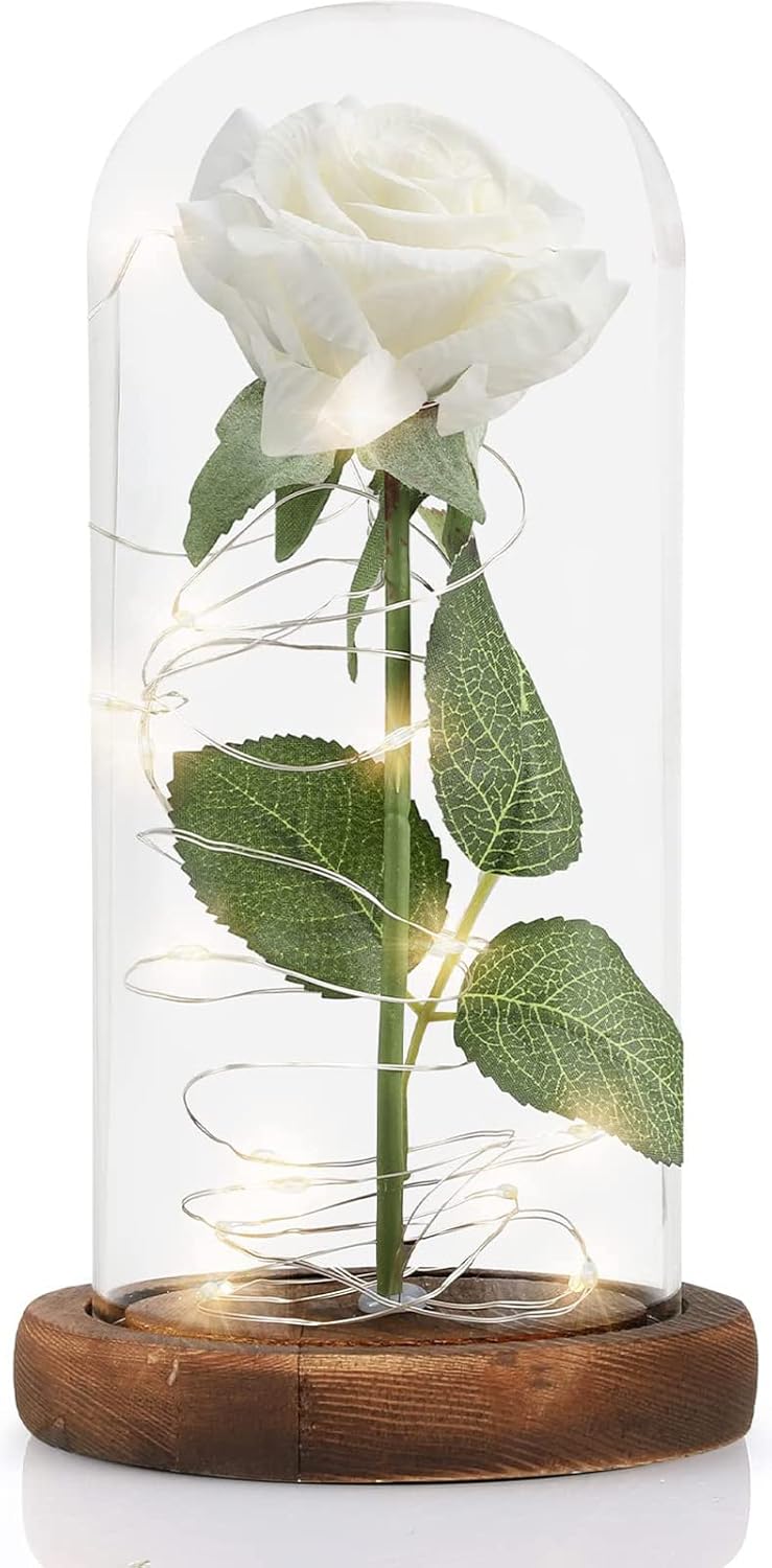 Trandafir Etern in cupola de sticla cu lumini LED  , Decor pentru Camera, Atmosfera Calda, Durabil, Elegant, Baza Lemn, Perfect pentru Mama, Ambalat Premium, Rose of Love