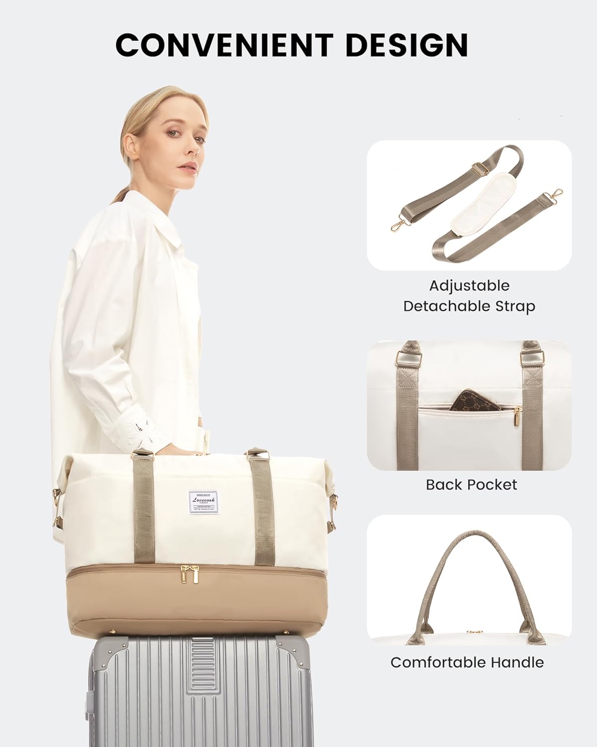 Geanta de voiaj pentru femei, impermeabila, cu 2 compartimente + gentuta cosmetice, 45L, Gri