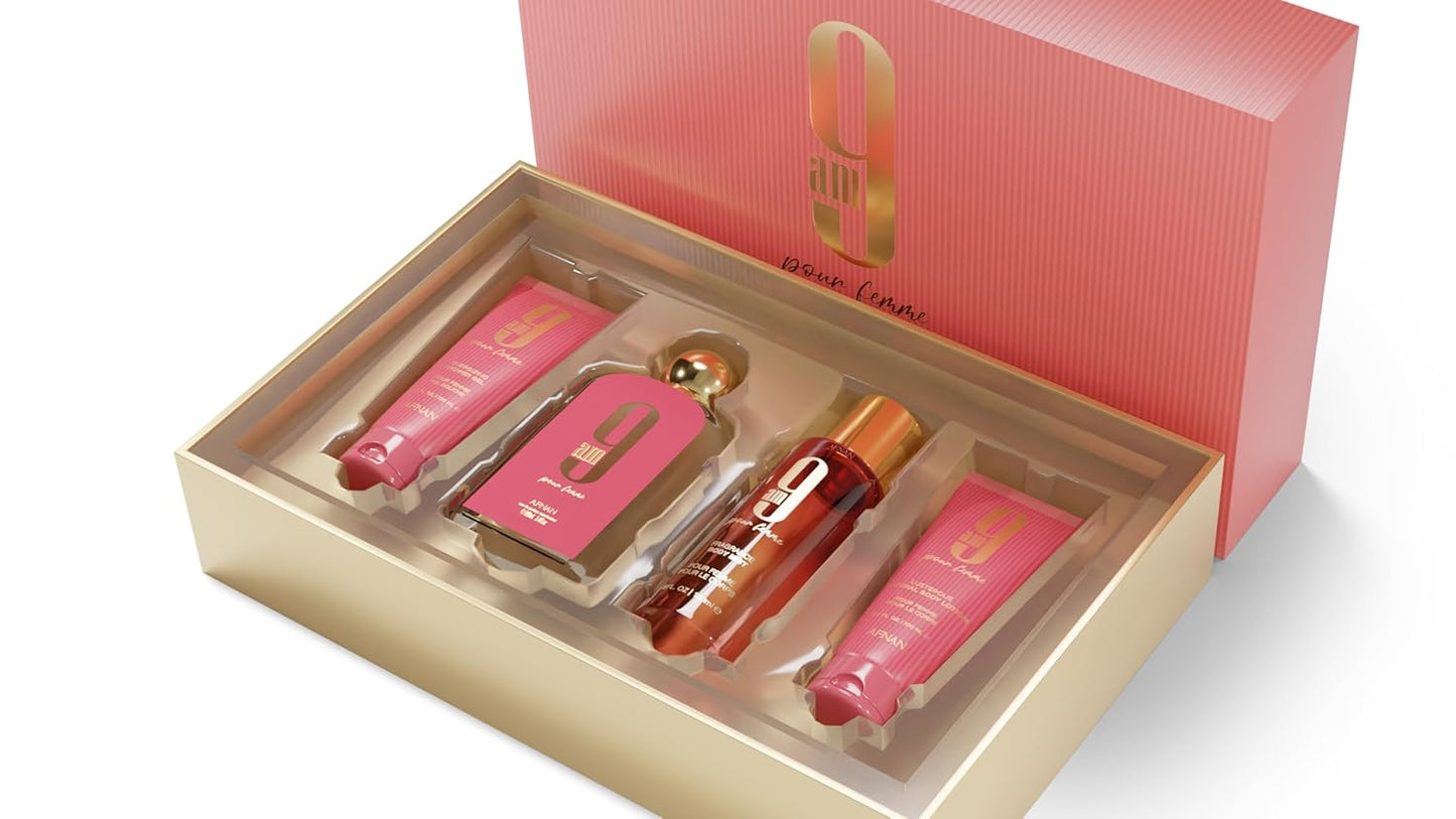 Afnan 9 AM Pour Femme Set Cadou Lux 4 Piese, Eau de Parfum 100ml, Gel de Dus 100ml, Body Mist 150ml, Lotiune de Corp 100ml