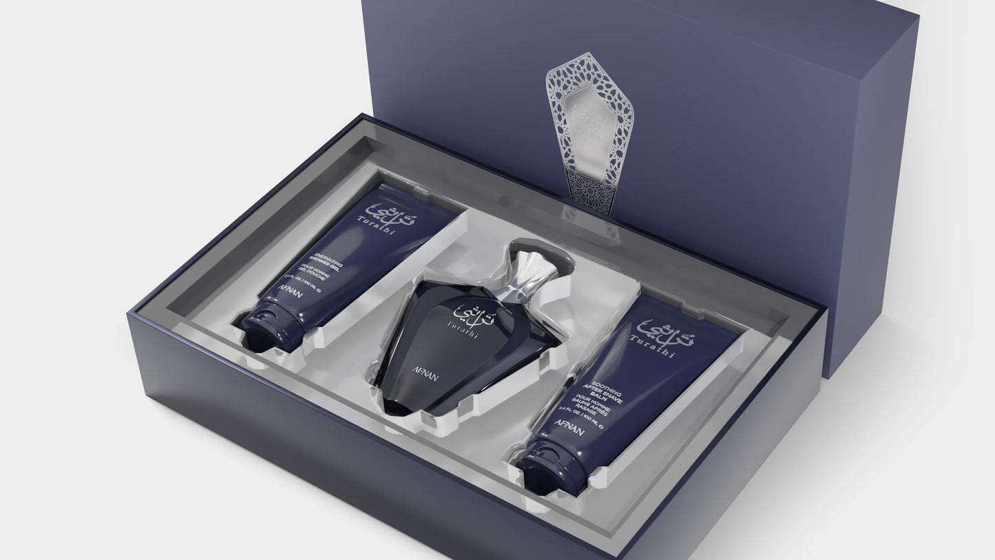 Lattafa Turathi Blue Premium Set Cadou pentru Barbati – Apa de Parfum 90ml + Gel de dus 100ml + After Shave 100ml