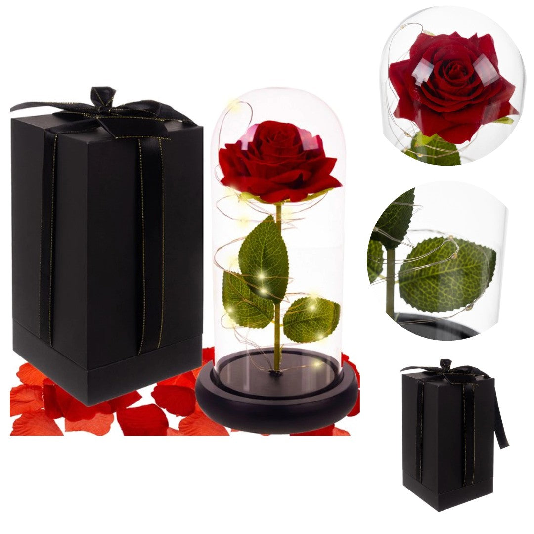 Trandafir Etern in cupola de sticla cu lumini LED  , Decor pentru Camera, Atmosfera Calda, Durabil, Elegant, Baza Lemn, Perfect pentru Mama, Ambalat Premium, Rose of Love