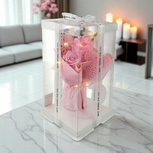 Buchet de flori din sapun parfumate lumina LED in 3 moduri cutie decorativa eleganta 28x18x10cm auto-asamblare Cadou romantic pentru femei, mame, bunici sau pentru orice ocazie
