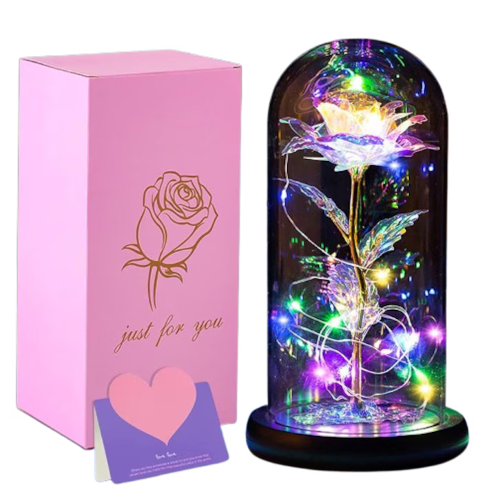 Trandafir Etern in cupola de sticla cu lumini LED  , Decor pentru Camera, Atmosfera Calda, Durabil, Elegant, Baza Lemn, Perfect pentru Mama, Ambalat Premium, Rose of Love