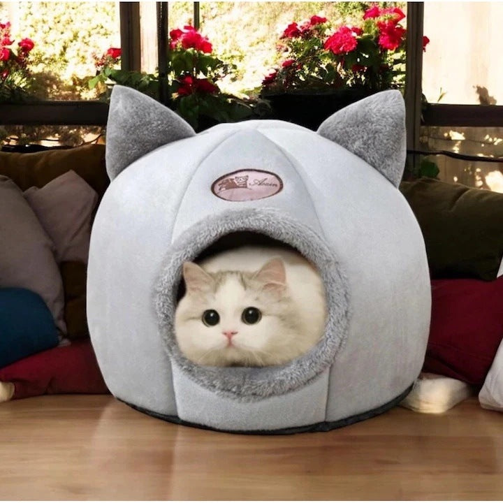 Culcus de pisica semi-inchis, burete gros pentru confort si retentie caldura, 33 x 33 Cm