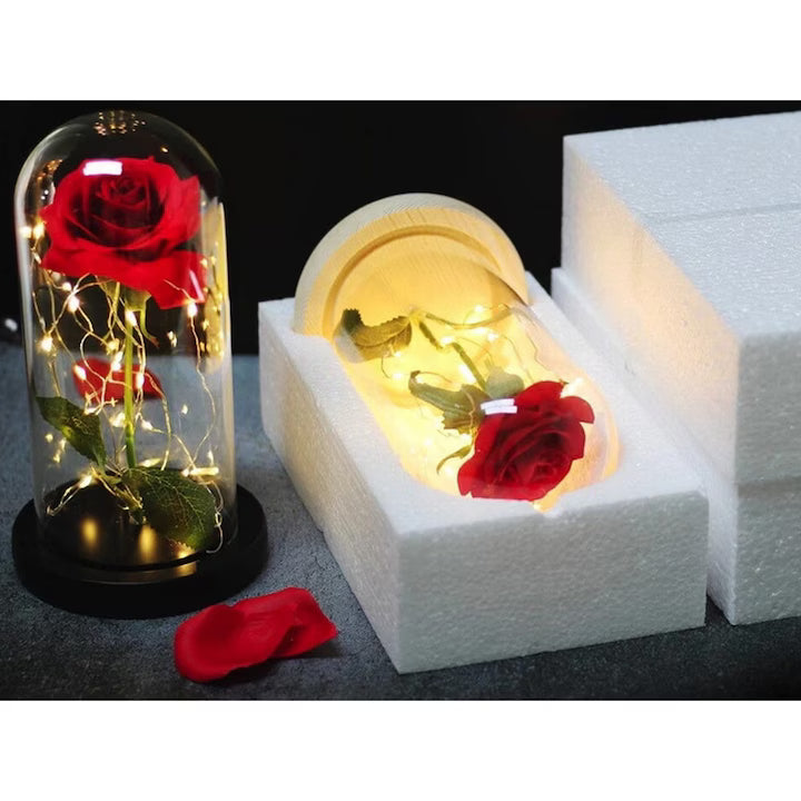 Trandafir Etern in cupola de sticla cu lumini LED  , Decor pentru Camera, Atmosfera Calda, Durabil, Elegant, Baza Lemn, Perfect pentru Mama, Ambalat Premium, Rose of Love